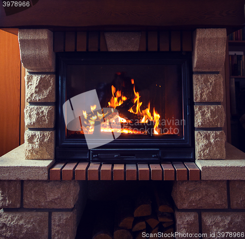 Image of close up of burning fireplace at home