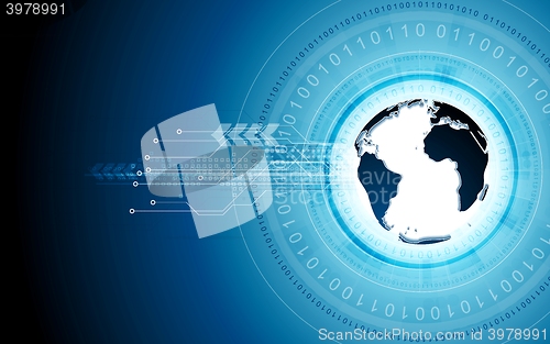 Image of Blue tech background with globe and binary code