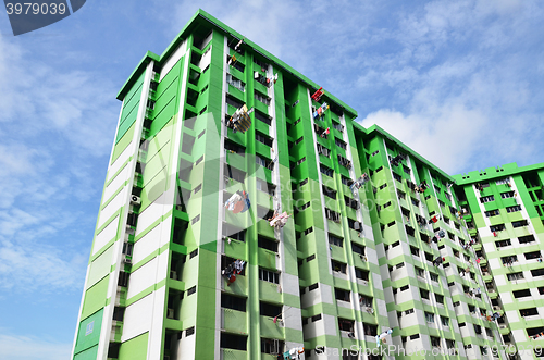 Image of Green building with blue sky