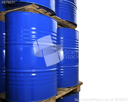 Image of Blue metal fuel tanks of oil stored at the production site isola