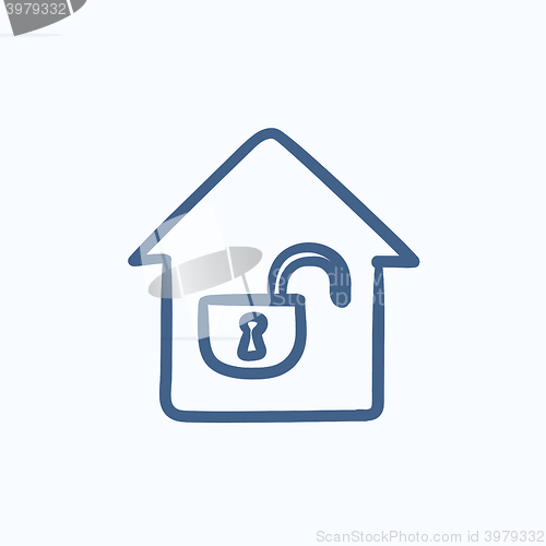 Image of House with open lock sketch icon.