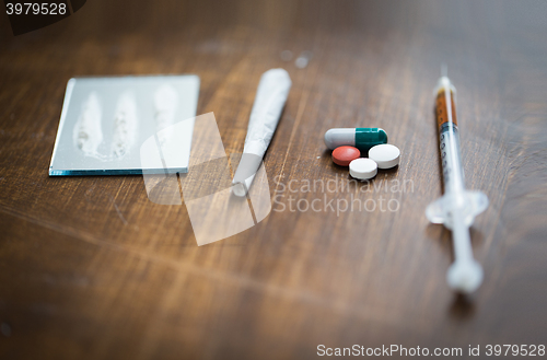 Image of close up of different drugs on table