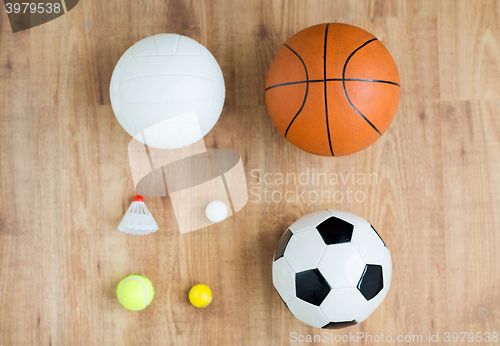 Image of close up of different sports balls and shuttlecock