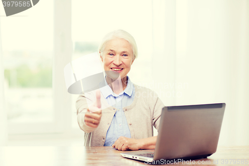 Image of happy senior woman with laptop showing thumbs up