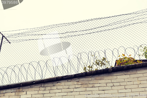 Image of barb wire fence over gray sky