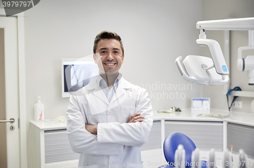 Image of happy male dentist at dental clinic office