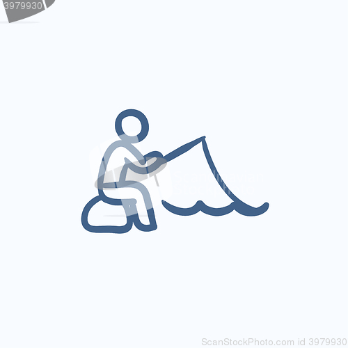 Image of Fisherman sitting with rod sketch icon.