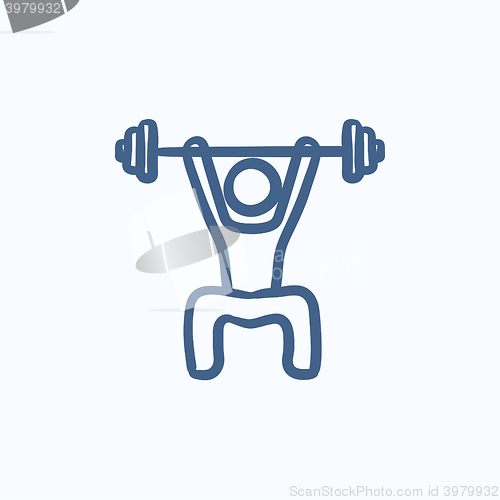 Image of Man exercising with barbell sketch icon.