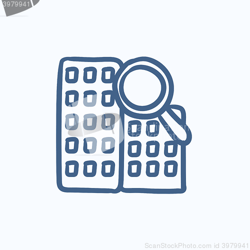 Image of Condominium and magnifying glass sketch icon.