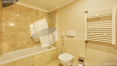 Image of Luxury bathroom with mirrors, sink, shower and toilet