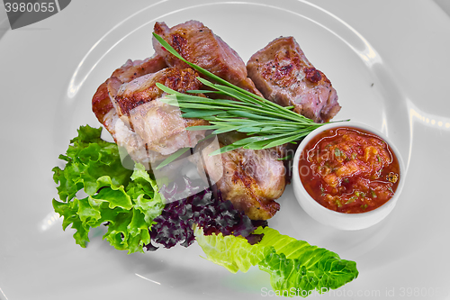 Image of fresh portion of shish kebab on plate