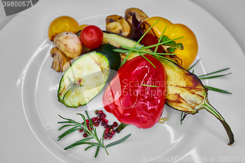 Image of Organic grilled vegetables. Top view. Shallow dof