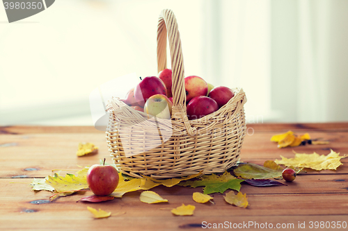 Image of close up of basket with apples on wooden table