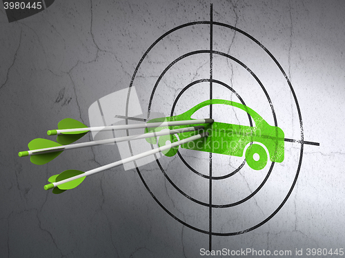 Image of Travel concept: arrows in Car target on wall background