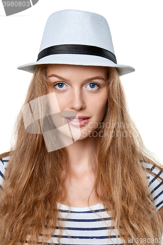 Image of Closeup portrait of young serene woman