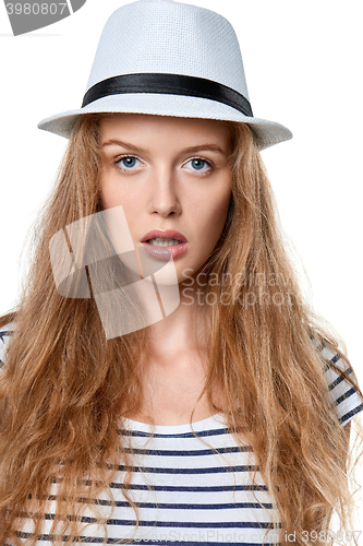 Image of Closeup portrait of young serene woman