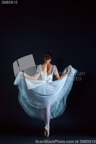 Image of Portrait of the classical ballerina in white dress on black background