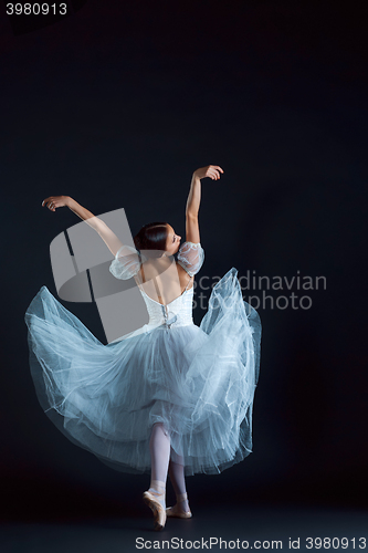 Image of Portrait of the classical ballerina in white dress on black background