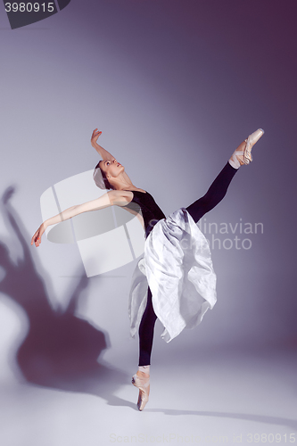 Image of Ballerina in black outfit posing on toes, studio background.