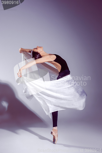 Image of Ballerina in black outfit posing on toes, studio background.