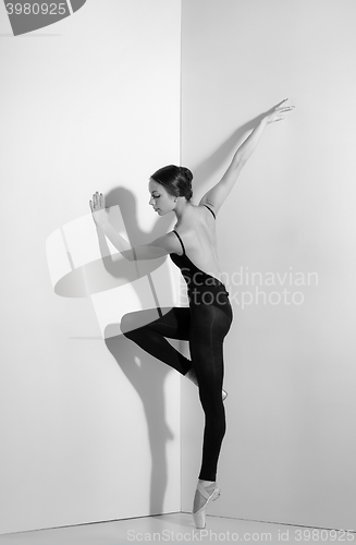 Image of Ballerina in black outfit posing on pointe shoes, studio background.