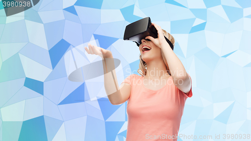 Image of woman in virtual reality headset or 3d glasses