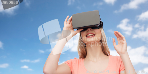 Image of woman in virtual reality headset or 3d glasses