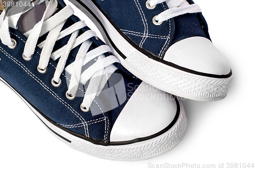 Image of Closeup of dark blue athletic shoes