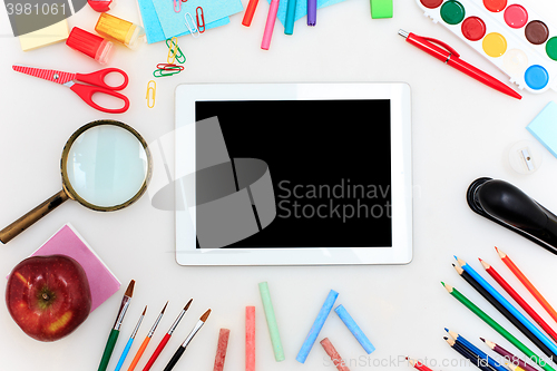 Image of School set with notebooks, pencils, brush, scissors and apple on white background