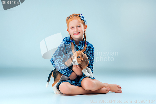 Image of The happy girl and a beagle puppie on gray background