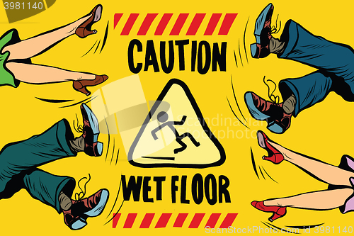 Image of caution wet floor, feet of women and men