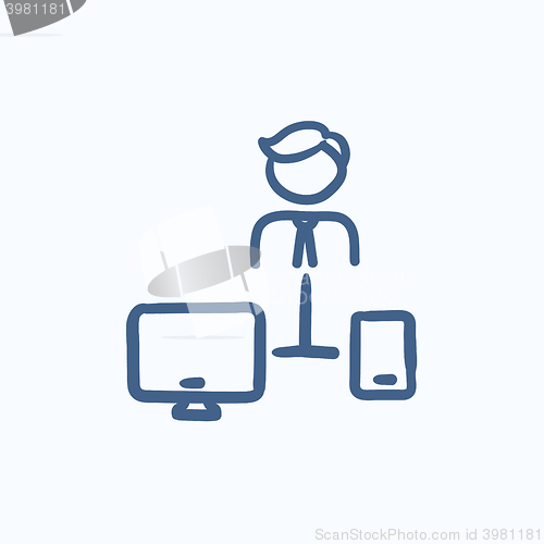 Image of Man linked with computer and phone sketch icon.