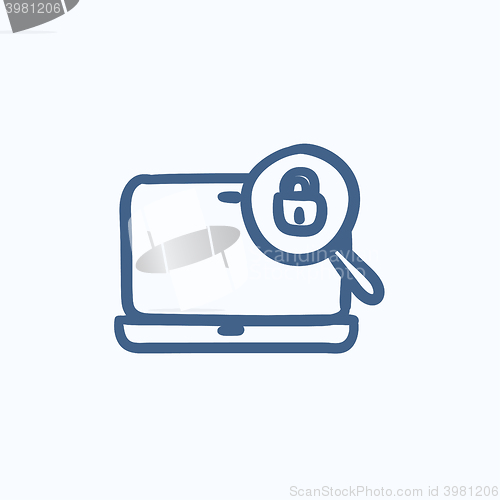 Image of Laptop and magnifying glass sketch icon.