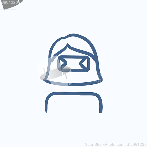 Image of Woman wearing virtual reality headset sketch icon.