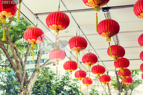 Image of ceiling decorated with hanging chinese lanterns