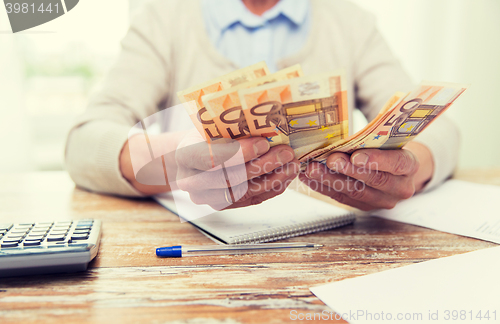 Image of close up of senior woman counting money at home