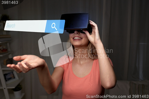 Image of woman in virtual reality headset or 3d glasses