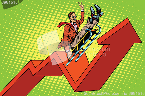 Image of Businessman on a sled, up arrow chart sales