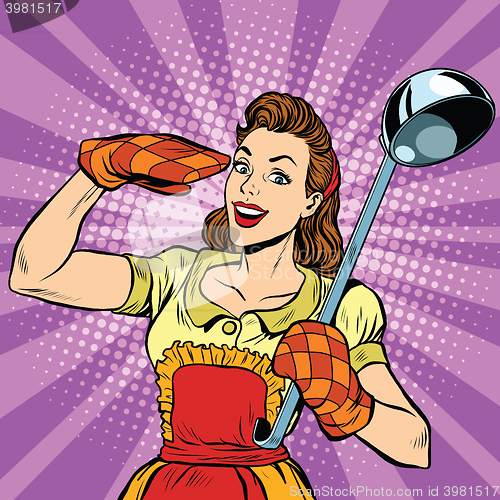 Image of Retro housewife in kitchen