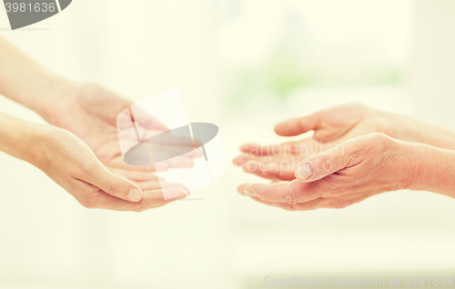 Image of close up of senior and young woman hands