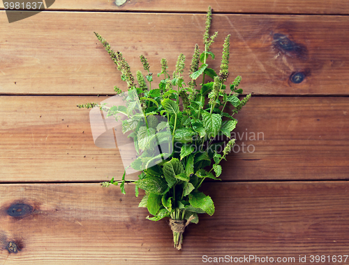 Image of close up of fresh melissa bunch on wooden table