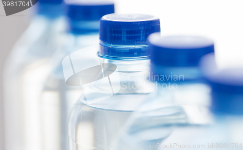Image of close up of plastic bottles with drinking water