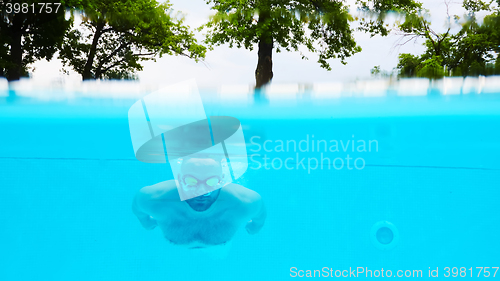 Image of Male Swimmer Under Water in hotel Pool