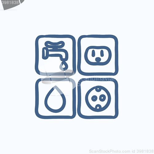 Image of Utilities signs electricity and water sketch icon.