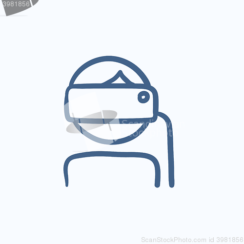 Image of Man wearing virtual reality headset sketch icon.