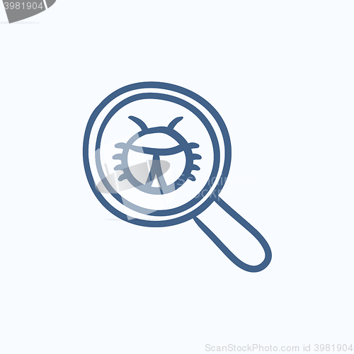 Image of Bug under magnifying glass sketch icon.