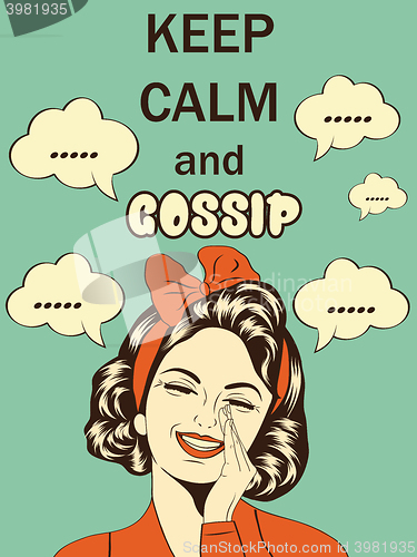 Image of Retro funny illustration with massage\"Keep calm and gossip\"