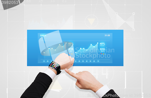 Image of businessman pointing to smart watch at his hand