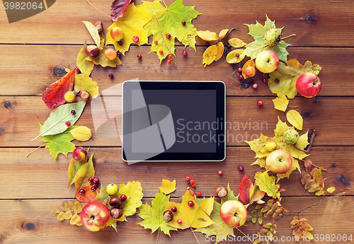 Image of tablet pc with autumn leaves, fruits and berries