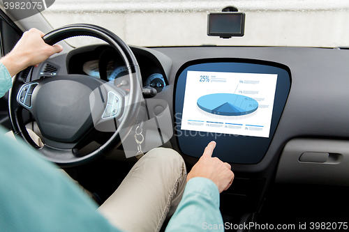 Image of close up of man driving car with chart on screen